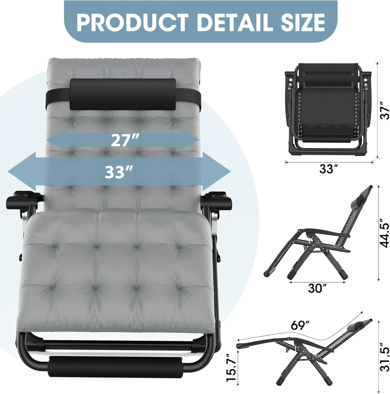 Oversized Zero Gravity Chair, 33In XXL Padded Lounge Chair, Recliner Chair W/Cushion& Storage Bag, Footrest, Reinforced Full-Alu Alloy Lock, Larger Cup Holder, for Indoor Outdoor, 500lbs Max