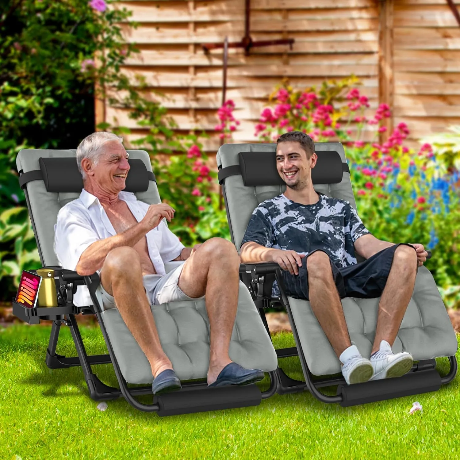 Oversized Zero Gravity Chair, 33In XXL Padded Lounge Chair, Recliner Chair W/Cushion& Storage Bag, Footrest, Reinforced Full-Alu Alloy Lock, Larger Cup Holder, for Indoor Outdoor, 500lbs Max