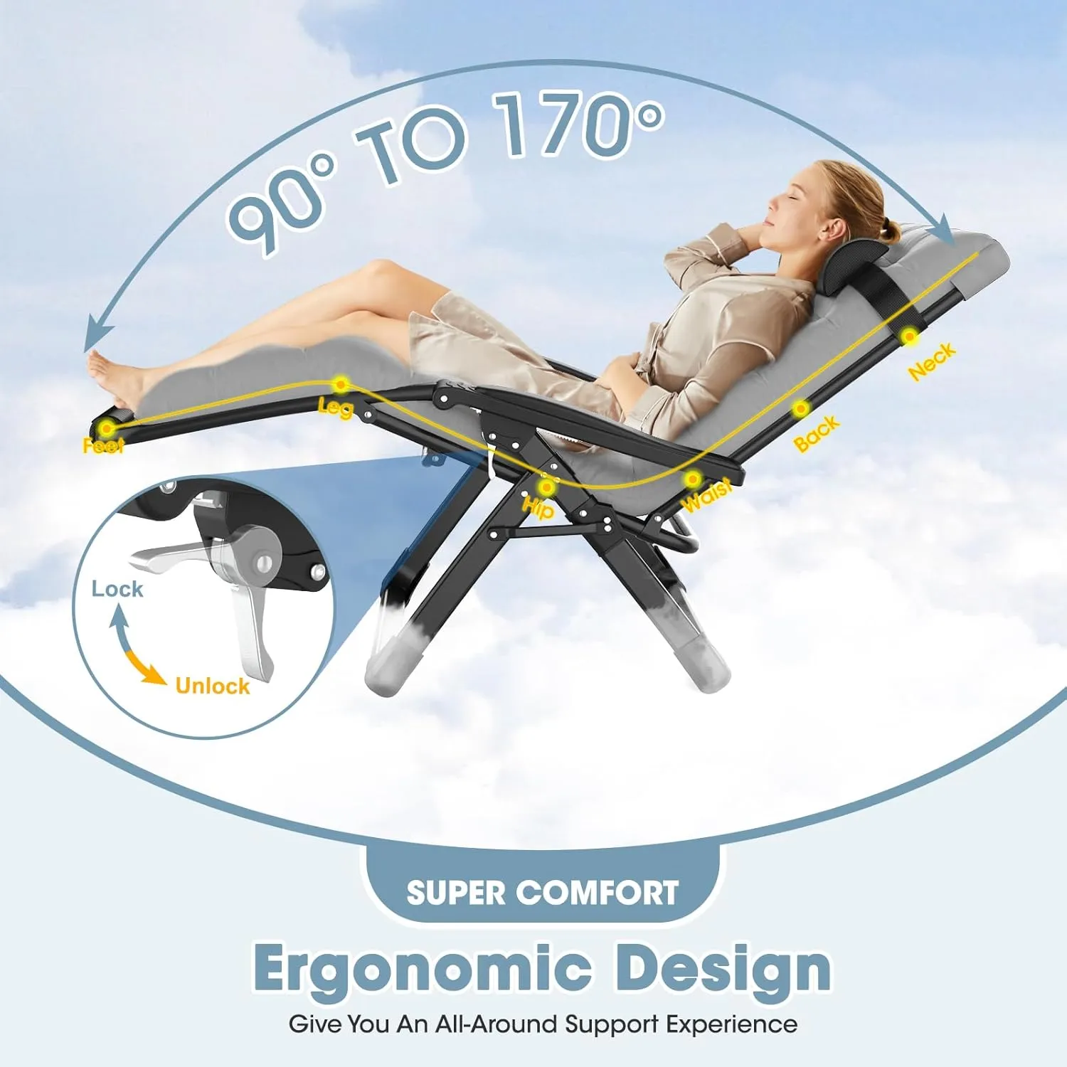 Oversized Zero Gravity Chair, 33In XXL Padded Lounge Chair, Recliner Chair W/Cushion& Storage Bag, Footrest, Reinforced Full-Alu Alloy Lock, Larger Cup Holder, for Indoor Outdoor, 500lbs Max