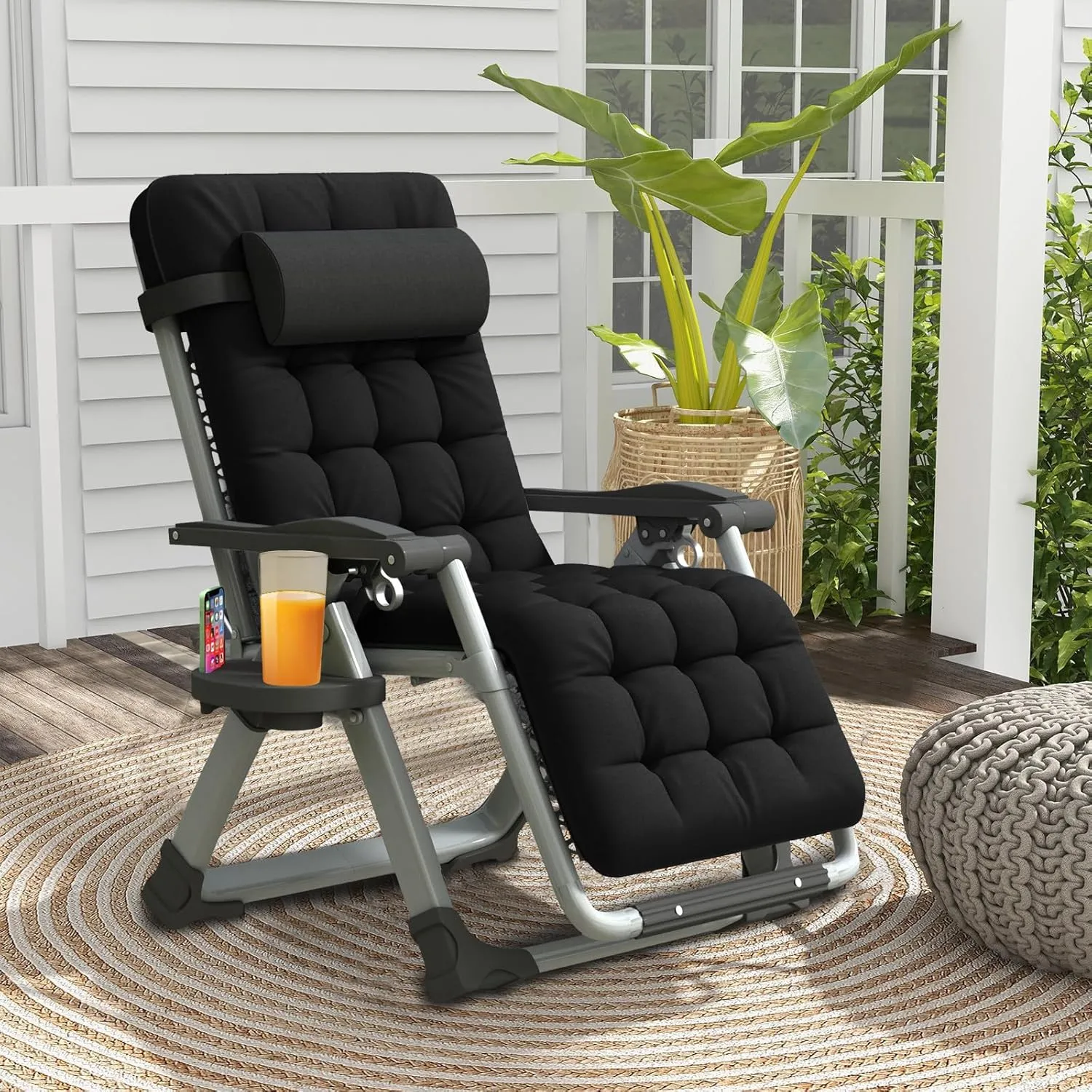 Oversized Zero Gravity Chair, XL Lounge Chair 29” Width, Padded Recliner Chair W/Removable Cushion & Adj Headrest, Storage Bag, Footrest Cushion, Cup Holder, for Indoor Outdoor, Black