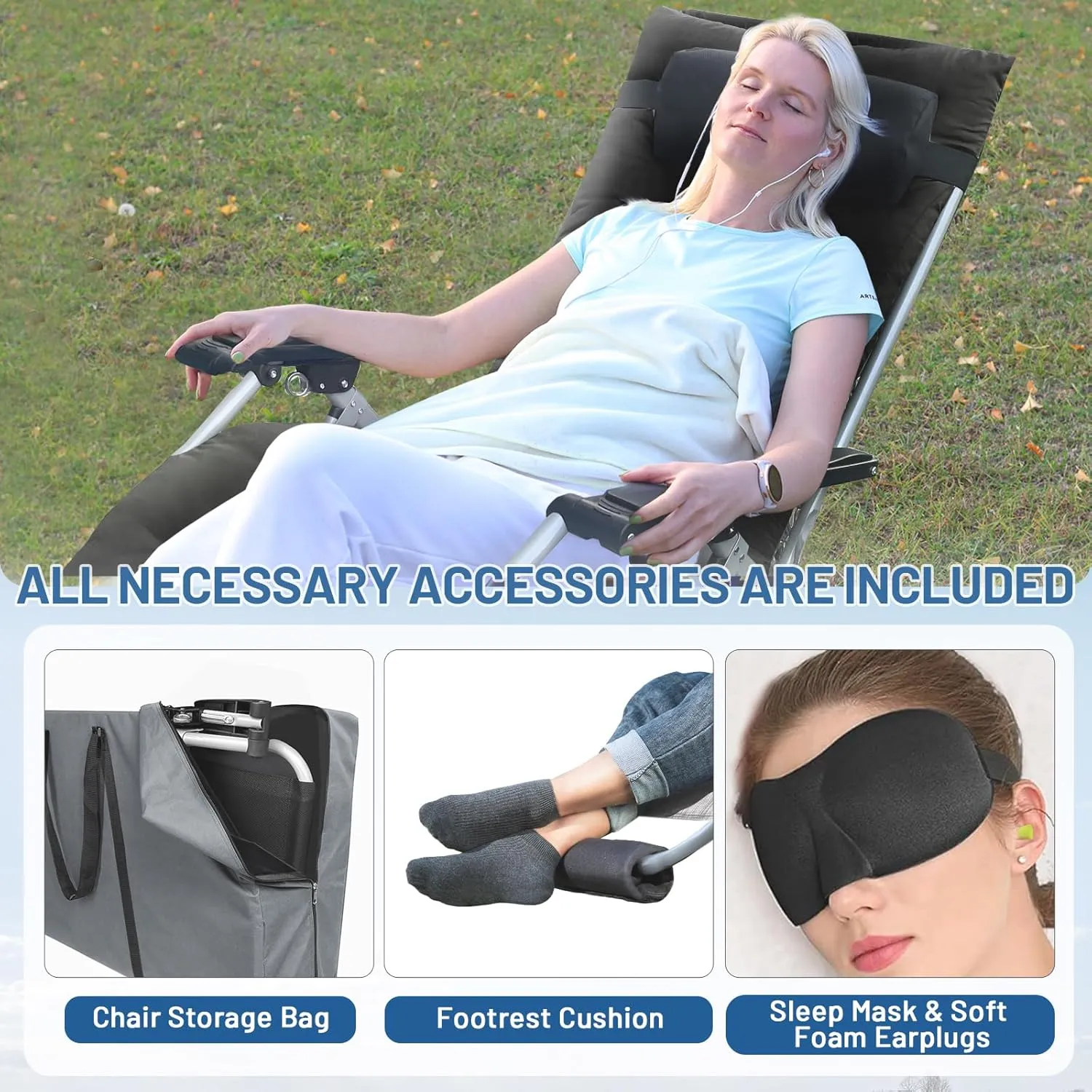Oversized Zero Gravity Chair, XL Lounge Chair 29” Width, Padded Recliner Chair W/Removable Cushion & Adj Headrest, Storage Bag, Footrest Cushion, Cup Holder, for Indoor Outdoor, Black