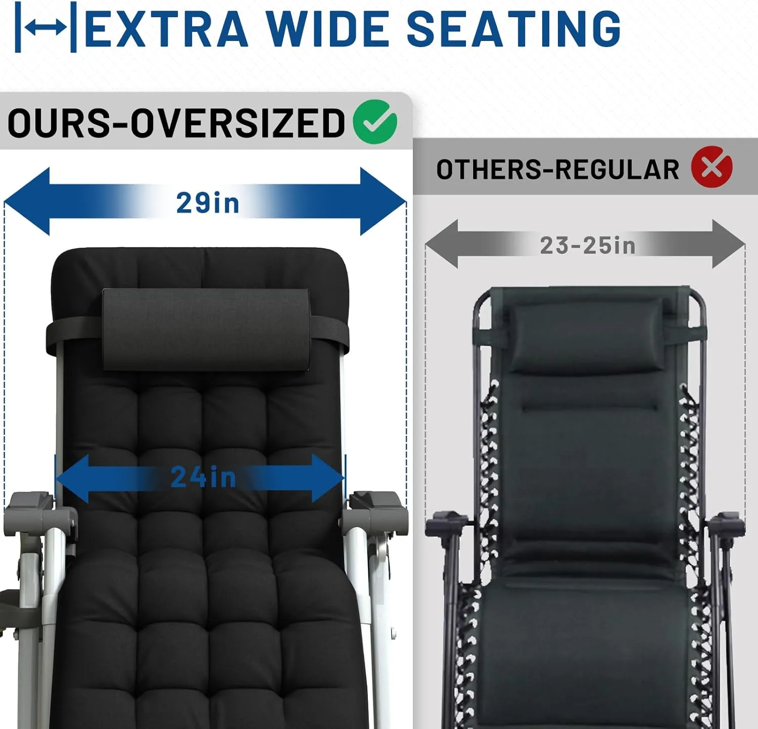 Oversized Zero Gravity Chair, XL Lounge Chair 29” Width, Padded Recliner Chair W/Removable Cushion & Adj Headrest, Storage Bag, Footrest Cushion, Cup Holder, for Indoor Outdoor, Black