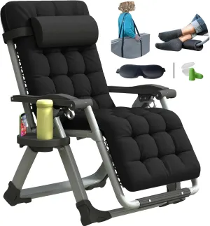 Oversized Zero Gravity Chair, XL Lounge Chair 29” Width, Padded Recliner Chair W/Removable Cushion & Adj Headrest, Storage Bag, Footrest Cushion, Cup Holder, for Indoor Outdoor, Black