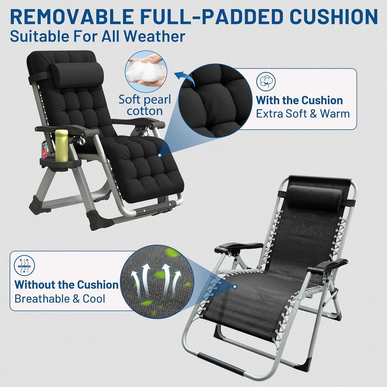 Oversized Zero Gravity Chair, XL Lounge Chair 29” Width, Padded Recliner Chair W/Removable Cushion & Adj Headrest, Storage Bag, Footrest Cushion, Cup Holder, for Indoor Outdoor, Black