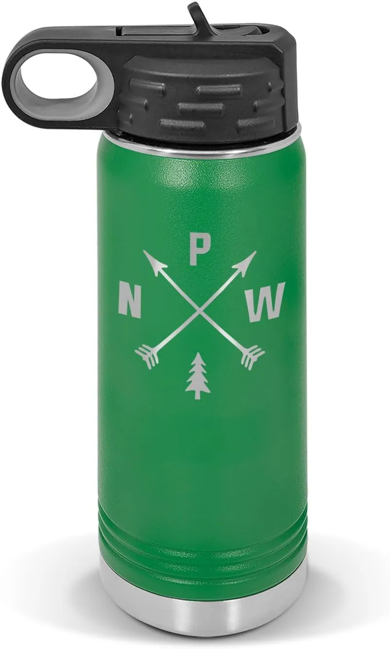 Pacific Northwest PNW Water Bottle 20 oz - Laser Engraved w/Flip Top Removable Straw - Polar Camel - Stainless - Vacuum Insulated - Drinkware - Hiking Camp Hike Camping Explore Wild