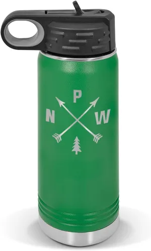Pacific Northwest PNW Water Bottle 20 oz - Laser Engraved w/Flip Top Removable Straw - Polar Camel - Stainless - Vacuum Insulated - Drinkware - Hiking Camp Hike Camping Explore Wild
