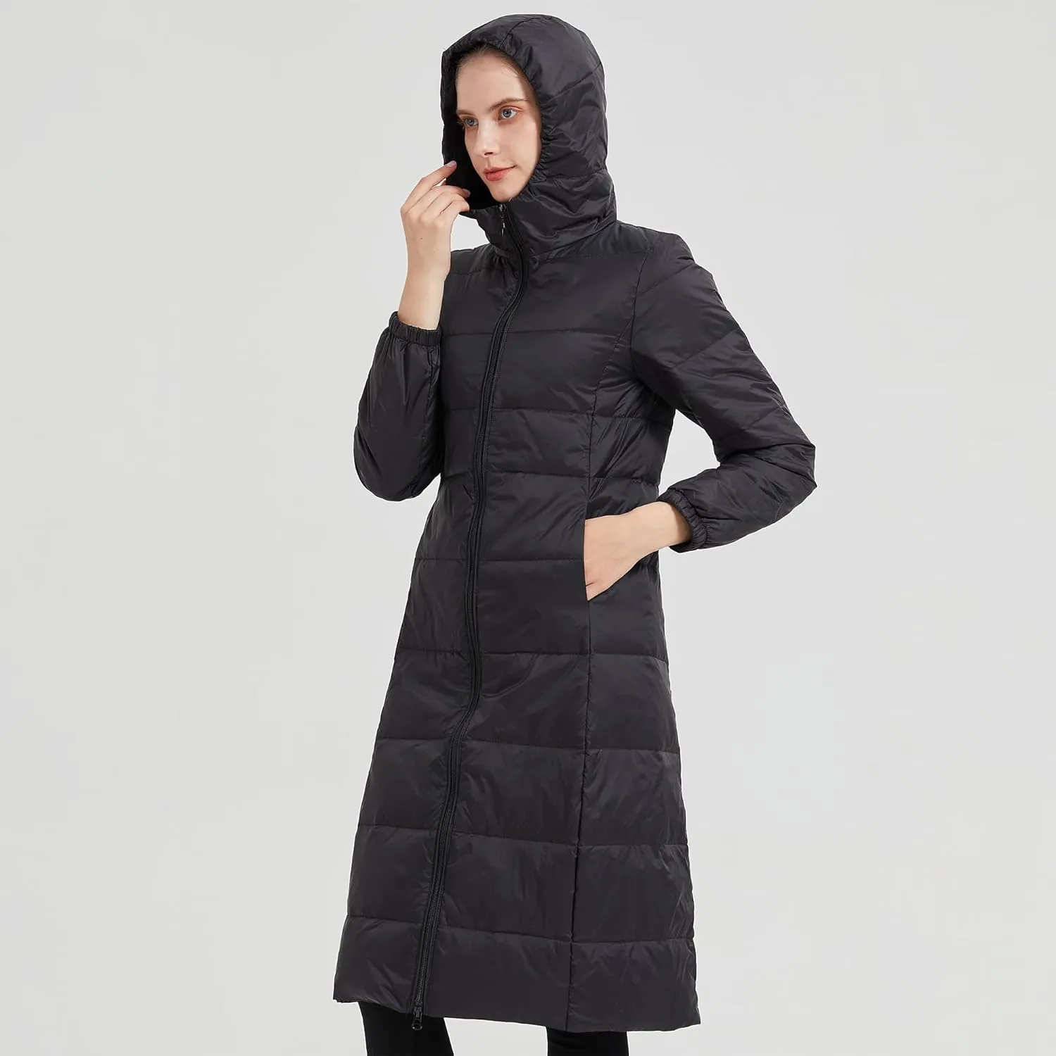 Packable Lightweight Long Down Jacket for Women Thin Warm Hooded Travel Down Coat(Available in Plus Size)