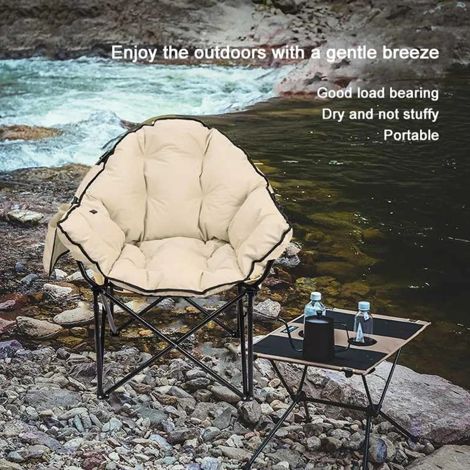 Padded Folding Chair, Oversized Heated Camping Chair, Portable Heated Cushion Folding Chair with 3 Heat Levels, Padded Camping Chair Supports 420lbs, Portable Folding Heated Chair,Beige-66x43x43cm