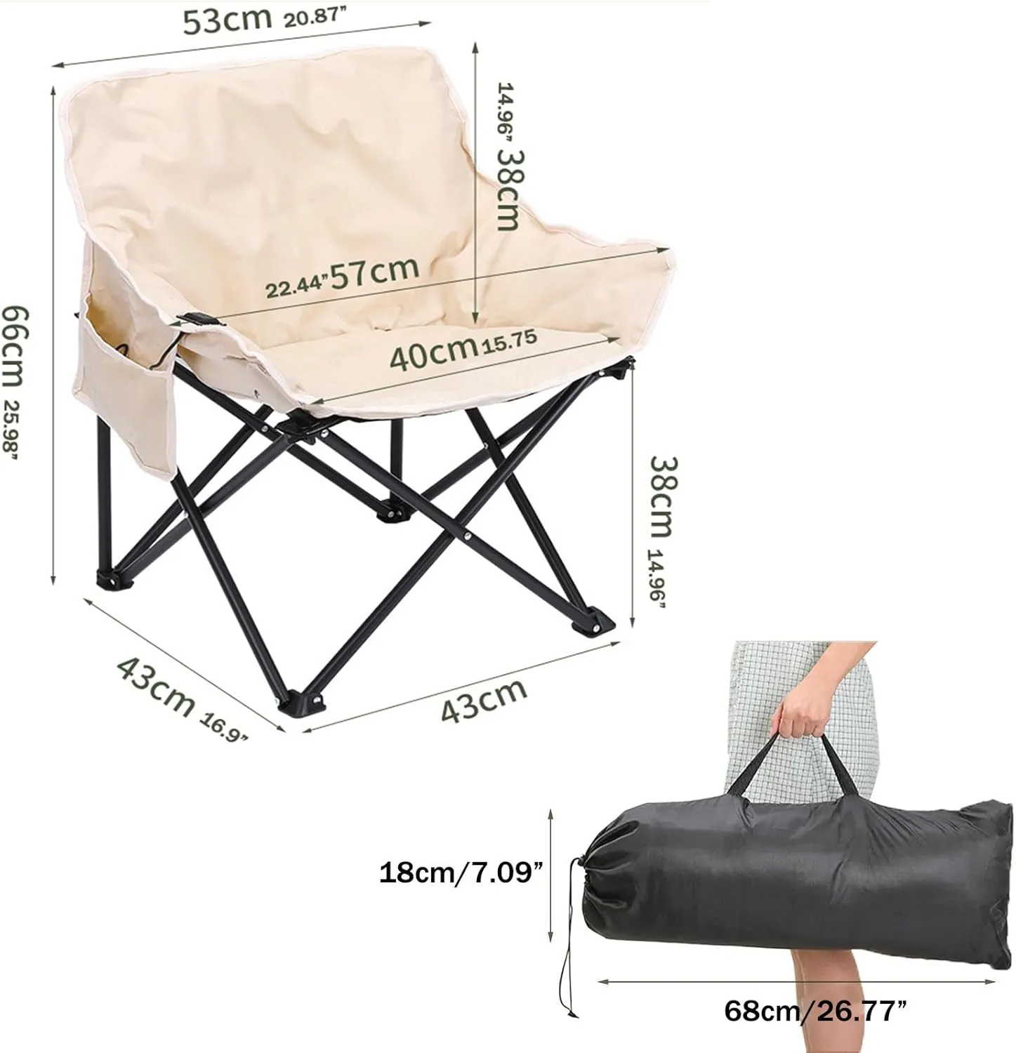 Padded Folding Chair, Oversized Heated Camping Chair, Portable Heated Cushion Folding Chair with 3 Heat Levels, Padded Camping Chair Supports 420lbs, Portable Folding Heated Chair,Beige-66x43x43cm