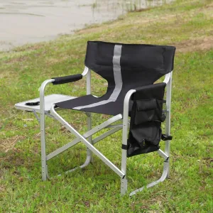 Padded Folding Outdoor Chair with Side Table and Storage Pockets, Lightweight Oversized Design for Camping and Fishing, Black/Grey