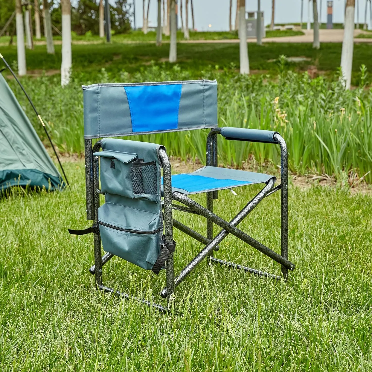 Padded Folding Outdoor Chair with Storage Pockets,Lightweight Oversized Directors Chair for Indoor, Outdoor Camping, Picnics and Fishing,Blue/Grey (1)