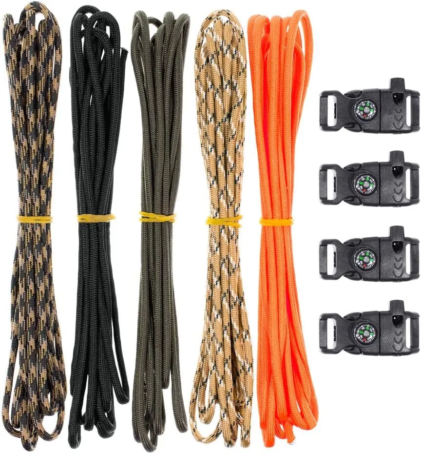 Paracord Bracelet Kit - Fire Starter Buckle, Whistle Buckle, and Compass Buckles - Fit for Survival