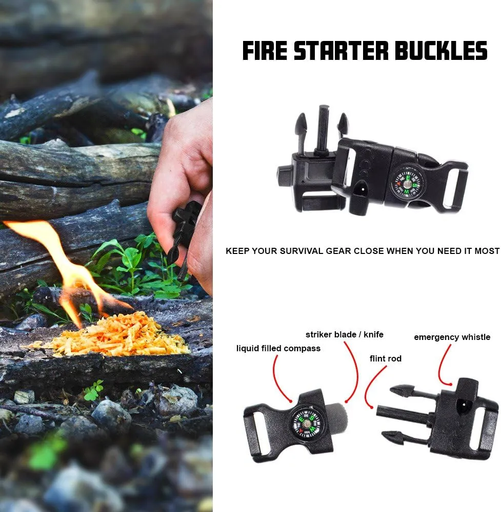 Paracord Bracelet Kit - Fire Starter Buckle, Whistle Buckle, and Compass Buckles - Fit for Survival