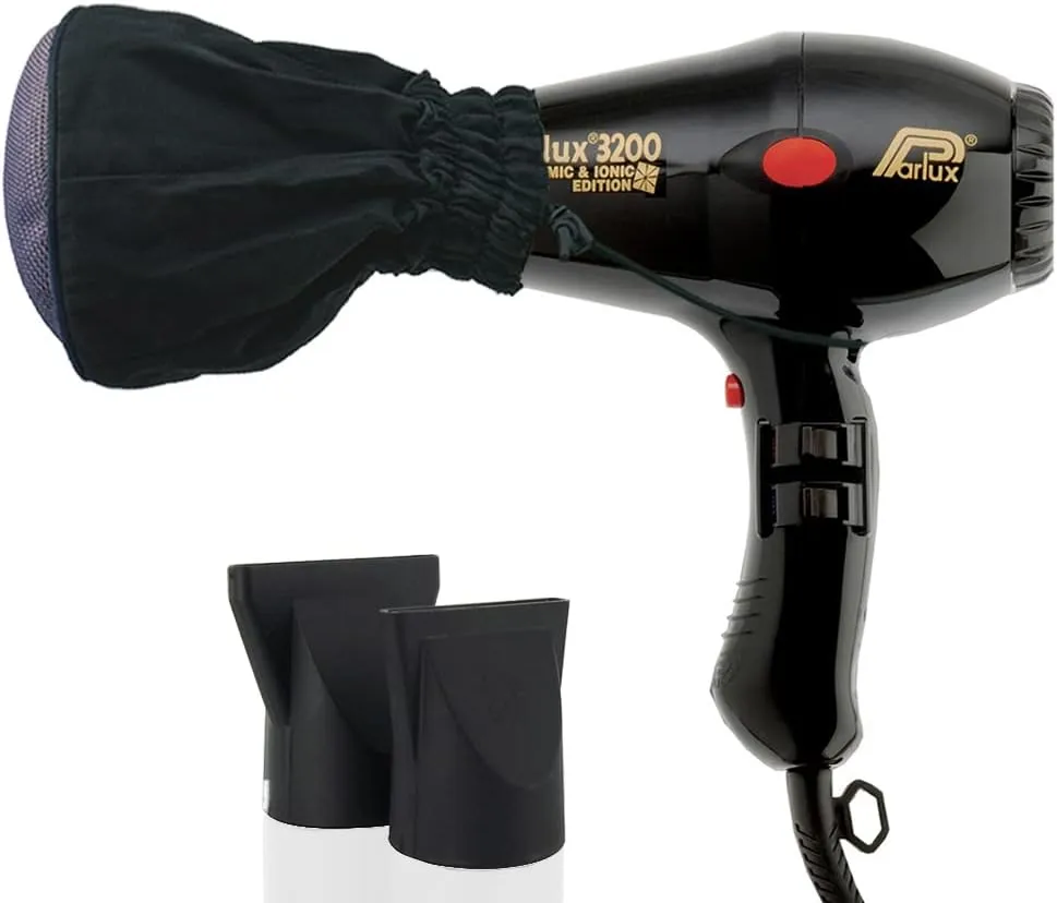 Parlux 3200 Compact Ceramic & Ionic Black Hair Dryer   M Hair Designs Mesh Diffuser (Bundle) – Fast-Drying, Frizz-Control, Professional Blow Dryer for Smooth Styling