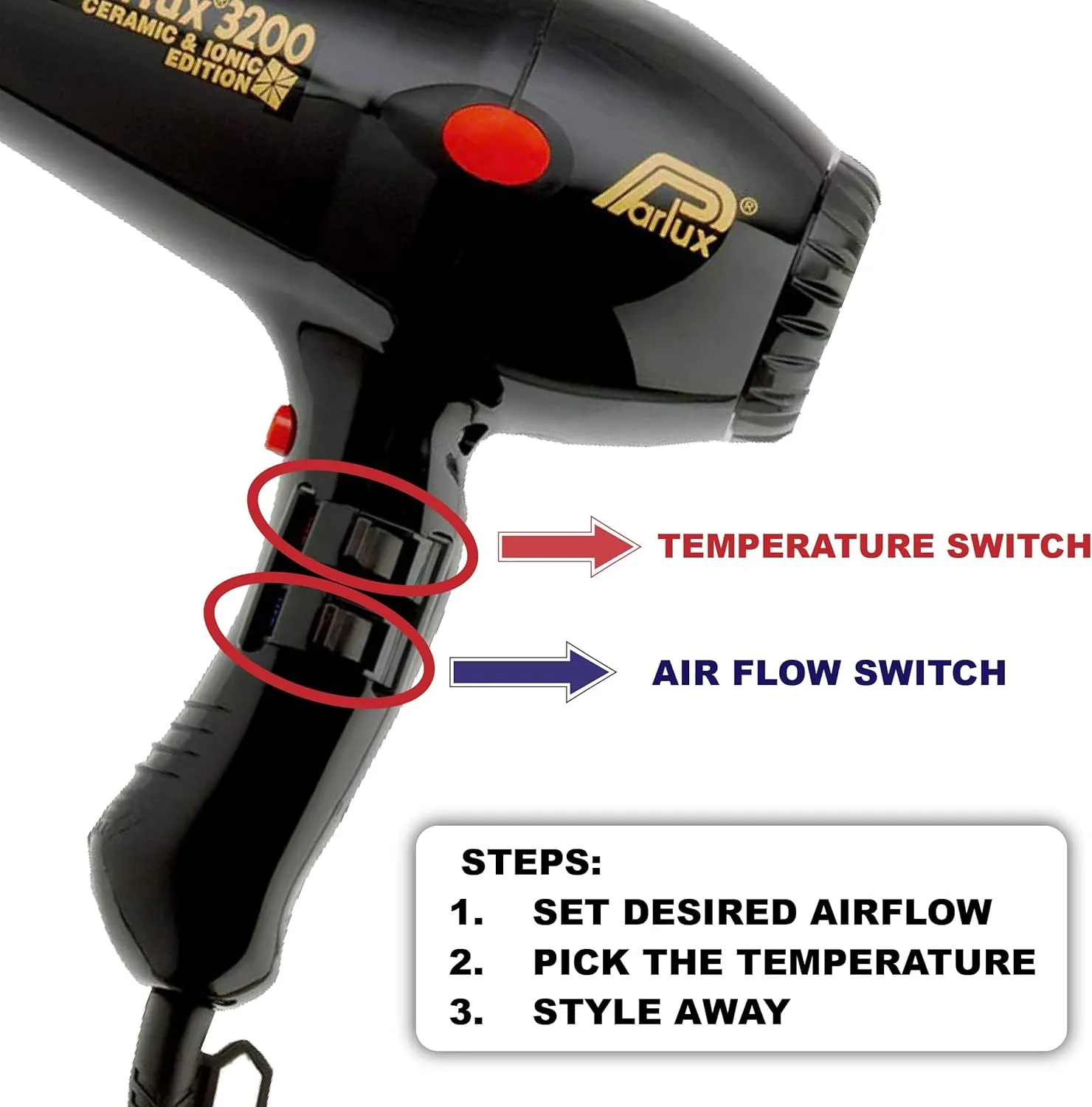Parlux 3200 Compact Ceramic & Ionic Black Hair Dryer   M Hair Designs Mesh Diffuser (Bundle) – Fast-Drying, Frizz-Control, Professional Blow Dryer for Smooth Styling
