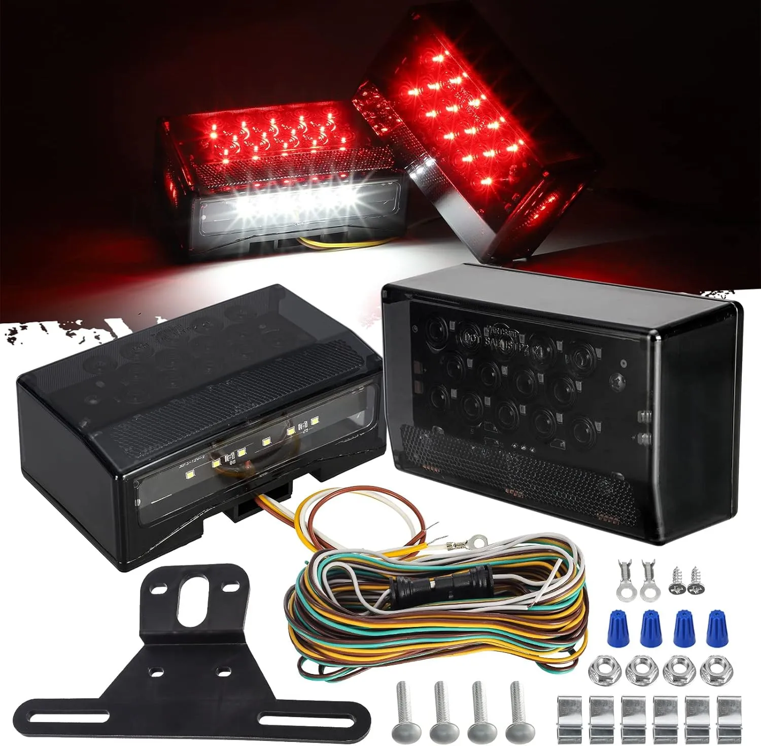 Partsam 12V LED Rectangular Trailer Light Kit, Sealed Rectangle IP68 Waterproof Truck Marine Boat Trailer Stop Turn Tail License Plate Brake Running Lights w 25ft Wiring Harness & Bracket