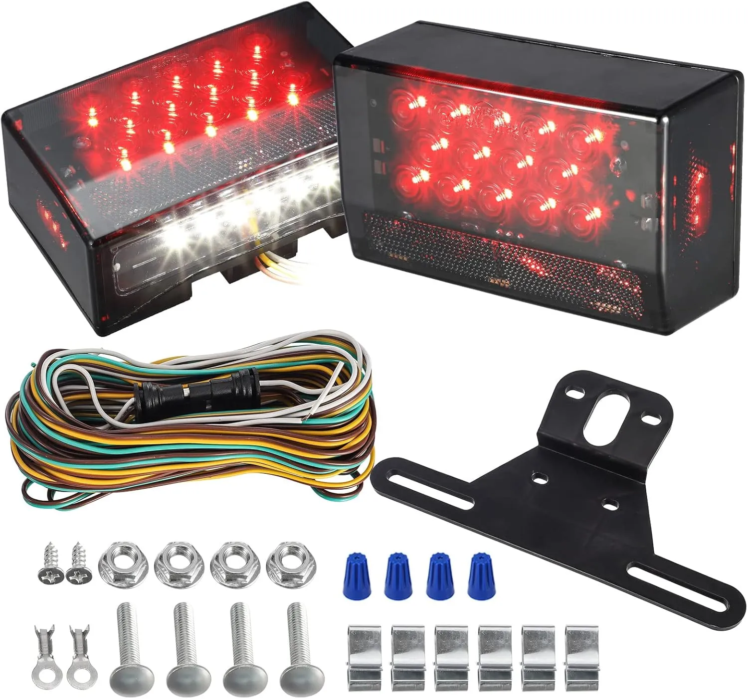 Partsam 12V LED Rectangular Trailer Light Kit, Sealed Rectangle IP68 Waterproof Truck Marine Boat Trailer Stop Turn Tail License Plate Brake Running Lights w 25ft Wiring Harness & Bracket