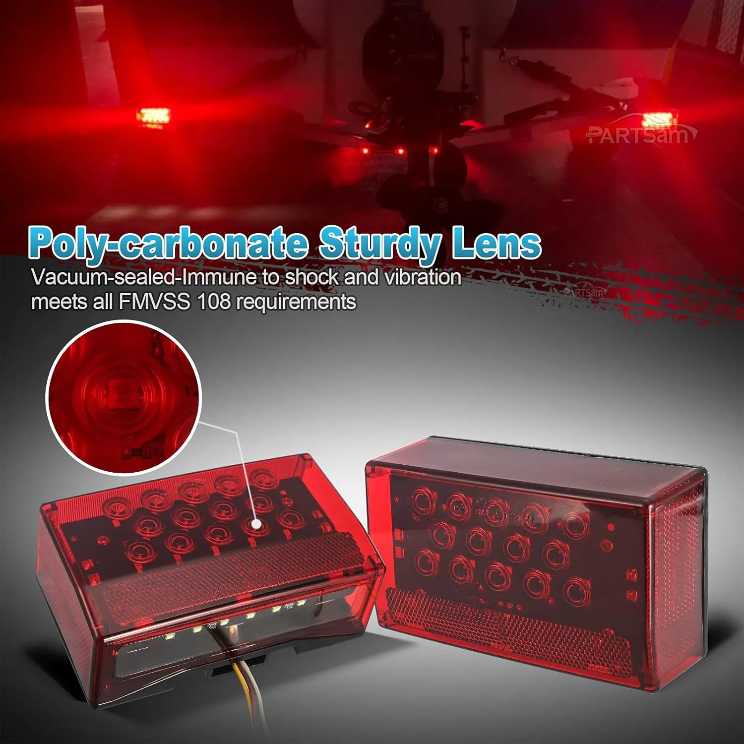 Partsam 6" Rectangular LED Combination Tail Lights Kit Red, 12V LED Submersible Sealed Rectangular Boat Trailer Stop Turn Tail License Plate Brake Running Light Kit w/25ft Wiring Harness 4Pin Bracket