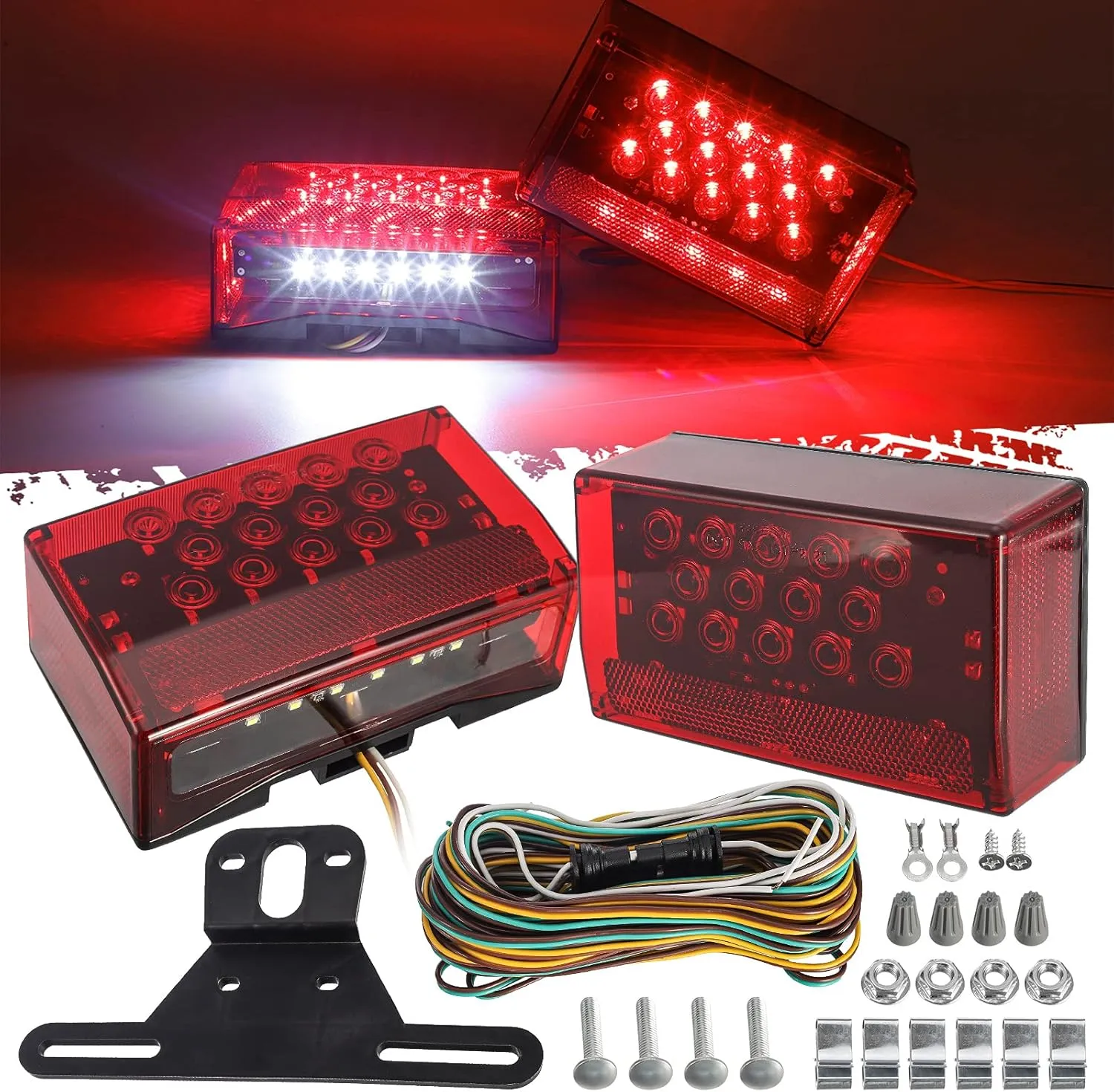 Partsam 6" Rectangular LED Combination Tail Lights Kit Red, 12V LED Submersible Sealed Rectangular Boat Trailer Stop Turn Tail License Plate Brake Running Light Kit w/25ft Wiring Harness 4Pin Bracket