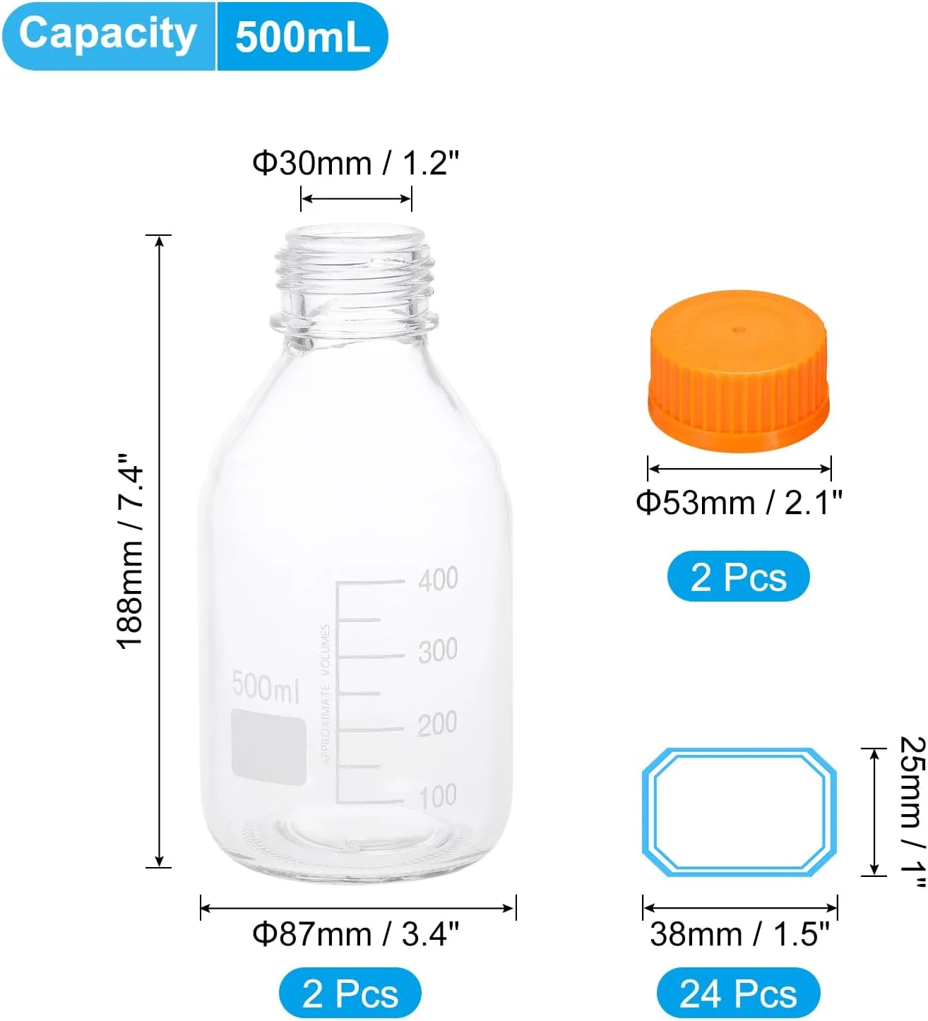 PATIKIL 2 Pack Reagent Media Storage Bottles, 500ml Borosilicate Glass Graduated Round Bottles with Orange GL32 Screw Cap and 24 Pcs Labels for Lab Water Reagent Liquids, Clear