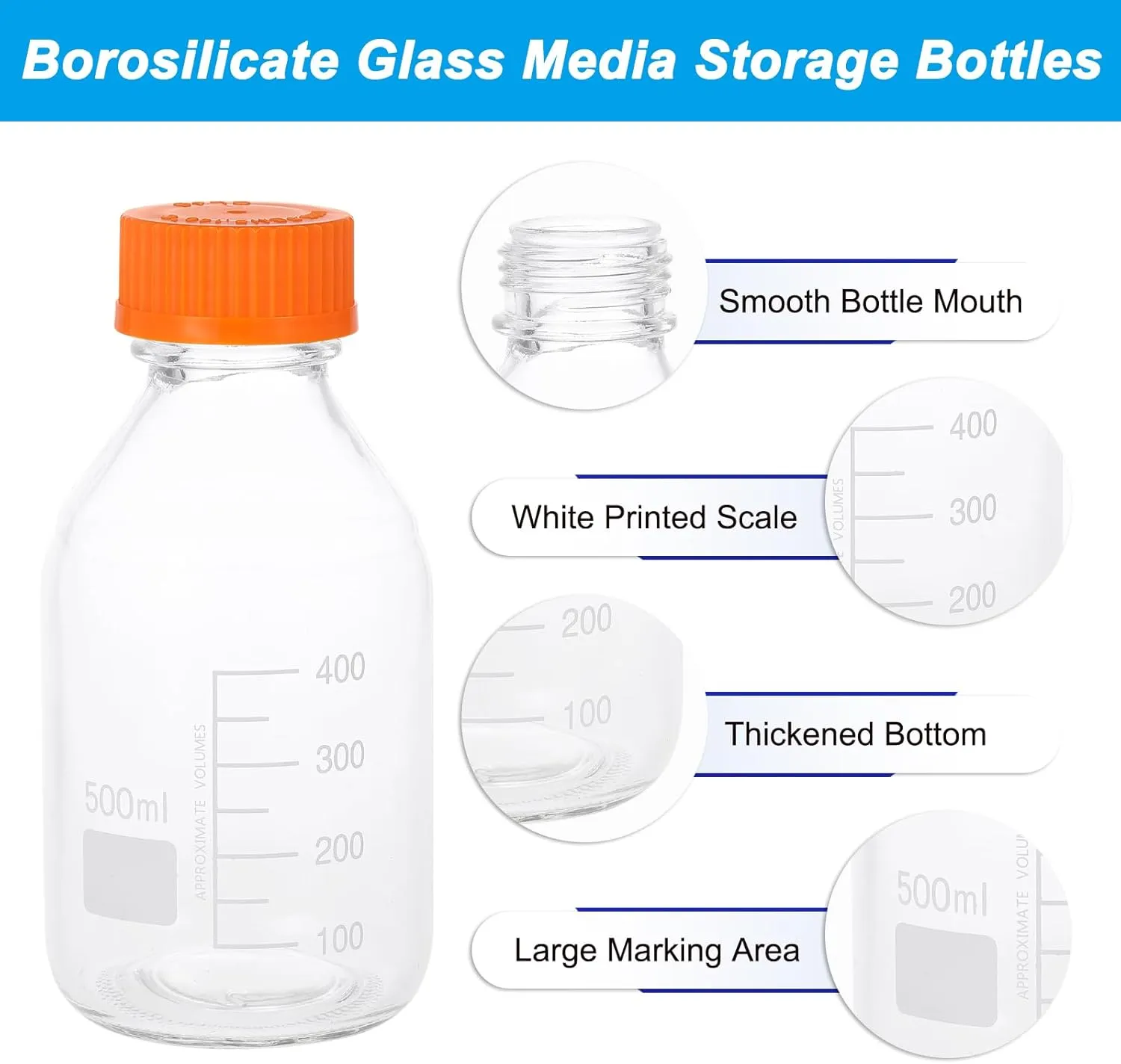 PATIKIL 2 Pack Reagent Media Storage Bottles, 500ml Borosilicate Glass Graduated Round Bottles with Orange GL32 Screw Cap and 24 Pcs Labels for Lab Water Reagent Liquids, Clear