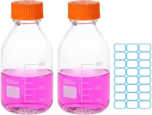 PATIKIL 2 Pack Reagent Media Storage Bottles, 500ml Borosilicate Glass Graduated Round Bottles with Orange GL32 Screw Cap and 24 Pcs Labels for Lab Water Reagent Liquids, Clear