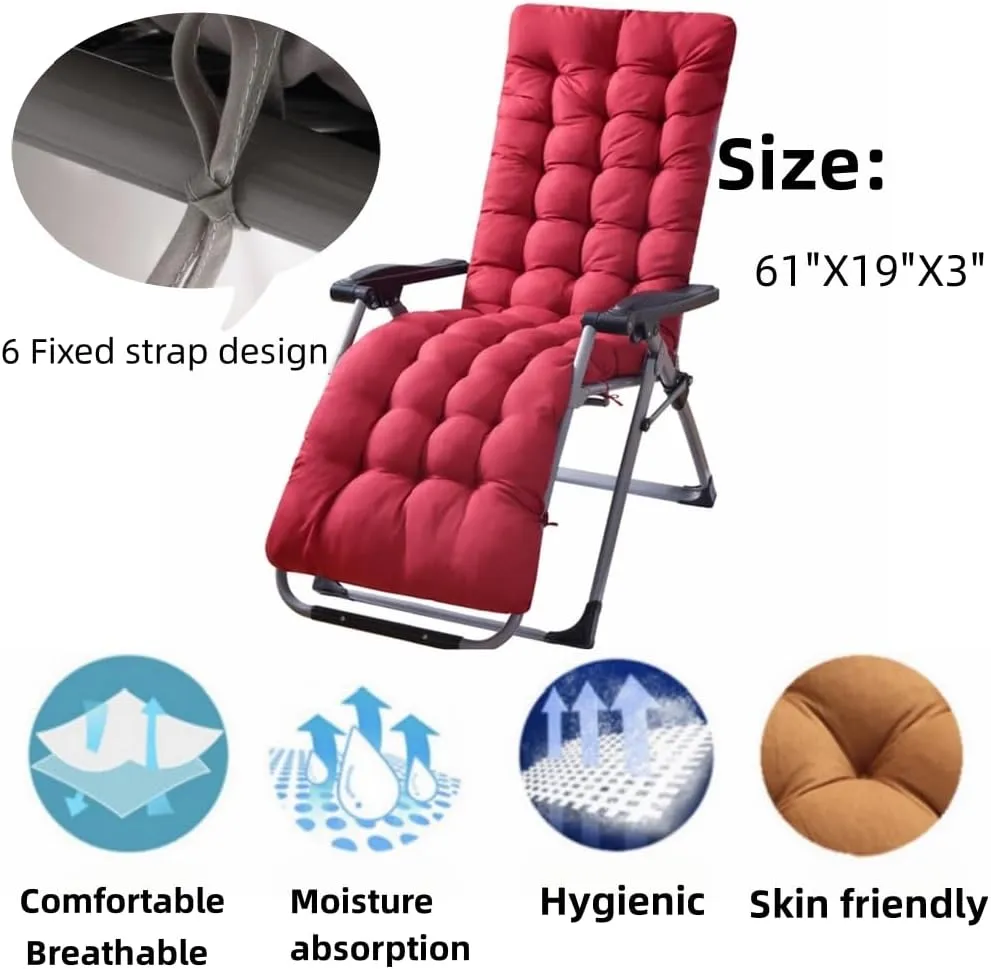 Patio Chaise Lounger Cushion， IndoorOutdoor Rocking Chair Sofa Cushion with 6 Ties， Thick Padded Swing Bench Cushion，61x18.9x3.1in (Light Gray)