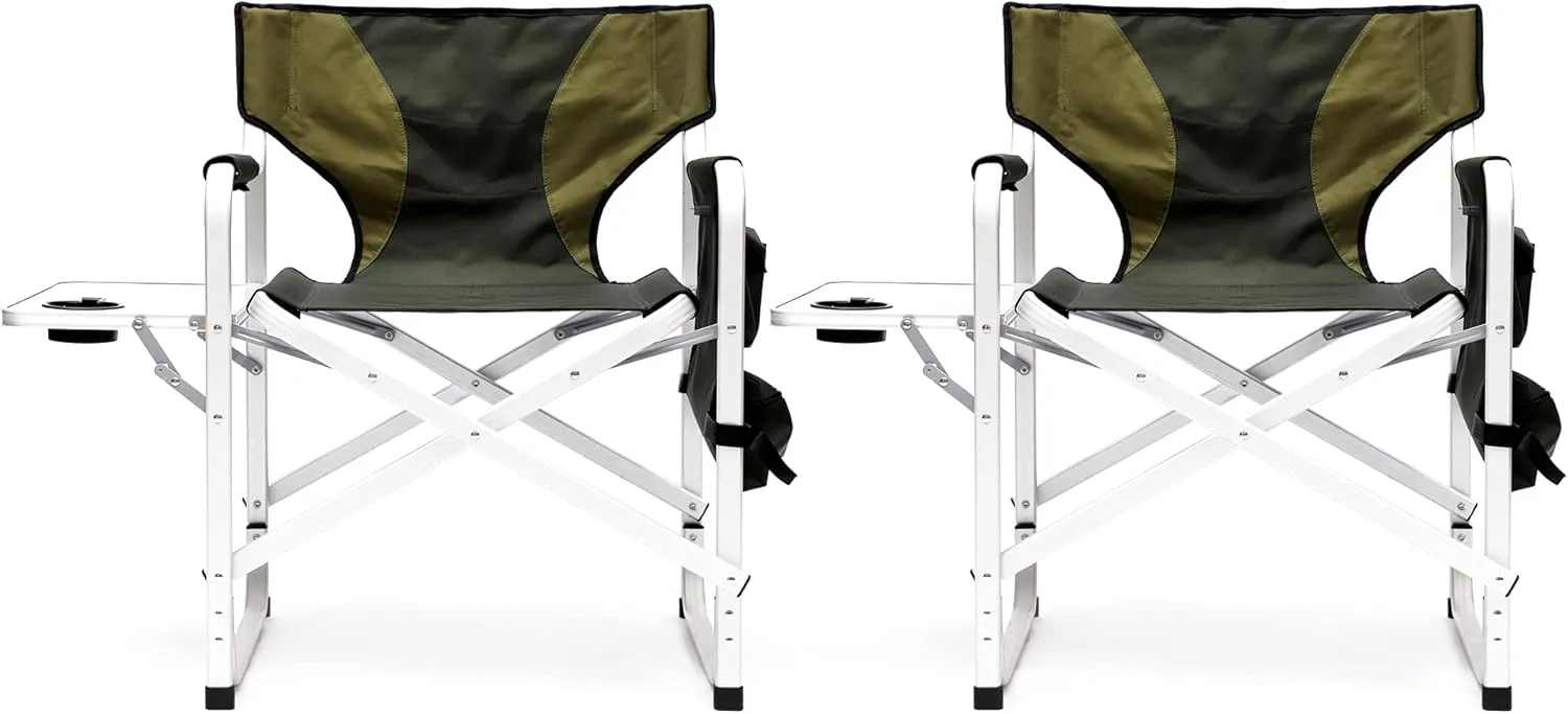 Patio Furniture Conversation Sets,Padded Folding Outdoor Chair with Side Table and Storage Pockets,Lightweight Oversized Chair for indoor, Outdoor Camping, Picnics,Fishing(2PCS Black/Green Chairs)