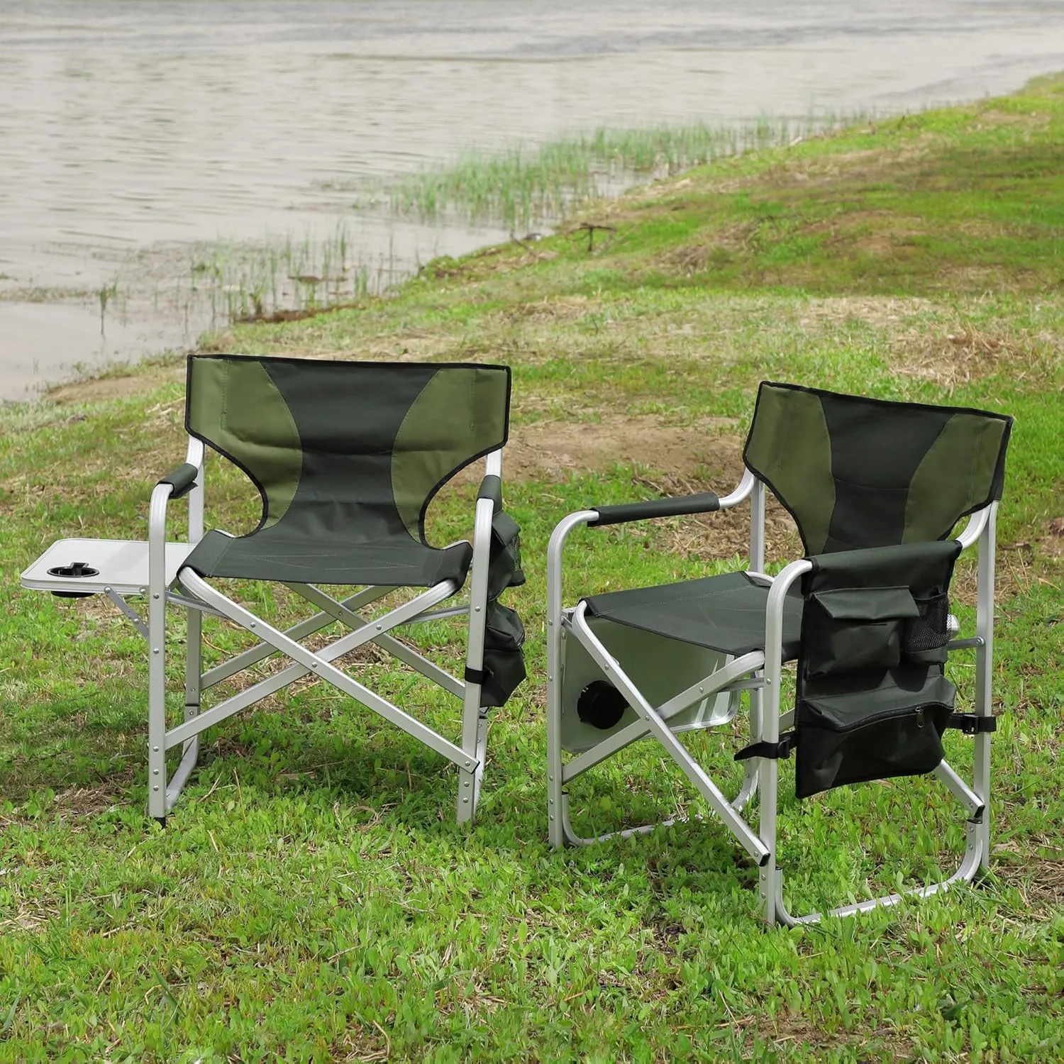 Patio Furniture Conversation Sets,Padded Folding Outdoor Chair with Side Table and Storage Pockets,Lightweight Oversized Chair for indoor, Outdoor Camping, Picnics,Fishing(2PCS Black/Green Chairs)
