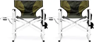 Patio Furniture Conversation Sets,Padded Folding Outdoor Chair with Side Table and Storage Pockets,Lightweight Oversized Chair for indoor, Outdoor Camping, Picnics,Fishing(2PCS Black/Green Chairs)