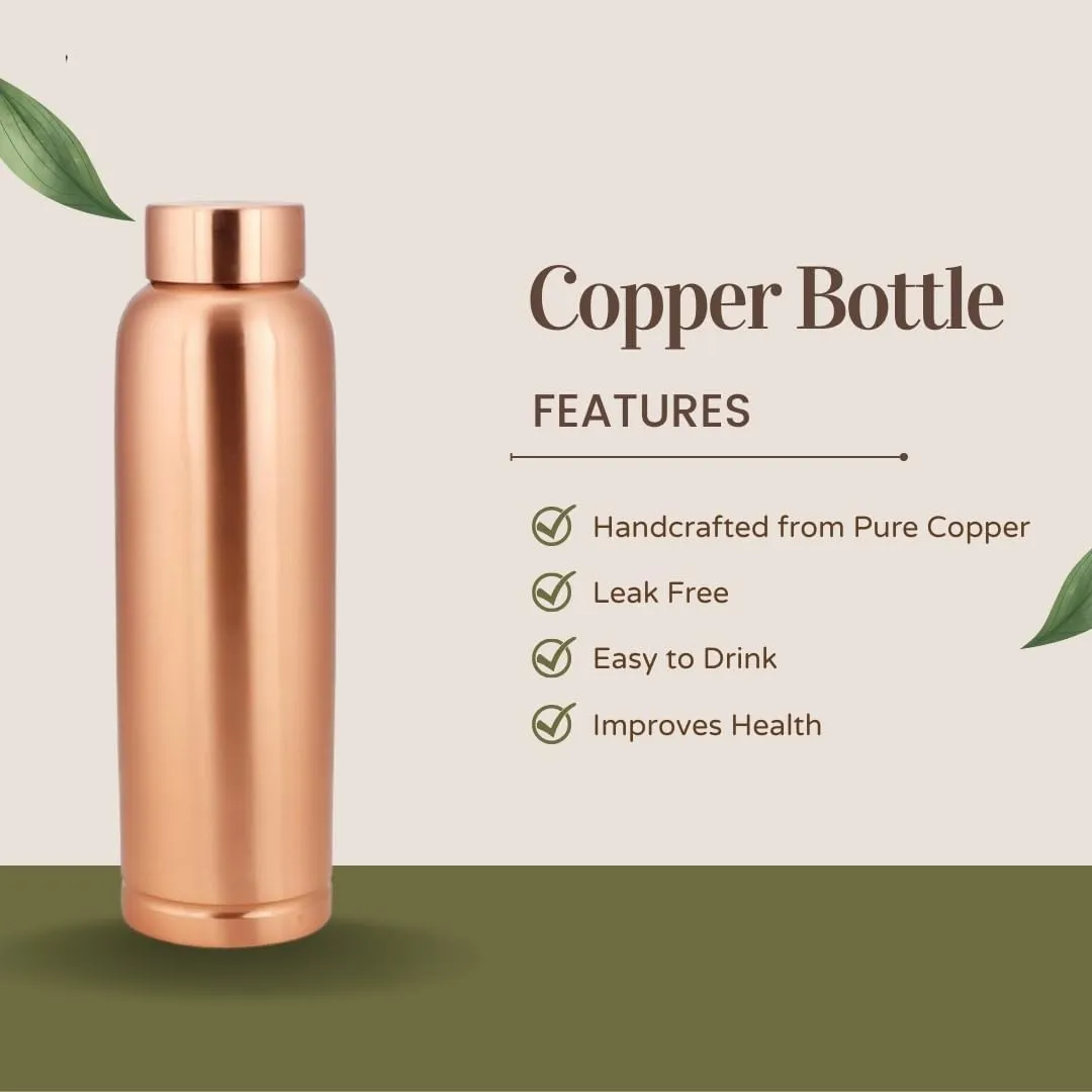 Perilla Home Pure Plain Copper Water Bottle 34 Oz Leak Proof 100% Pure - Ayurvedic Copper Vessel - Drink More Water And Enjoy The Health Benefits Immediately - For Gym, Yoga Bottle - (Cleo)