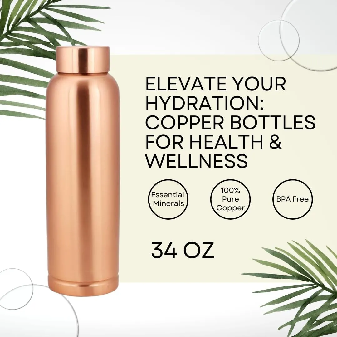 Perilla Home Pure Plain Copper Water Bottle 34 Oz Leak Proof 100% Pure - Ayurvedic Copper Vessel - Drink More Water And Enjoy The Health Benefits Immediately - For Gym, Yoga Bottle - (Cleo)