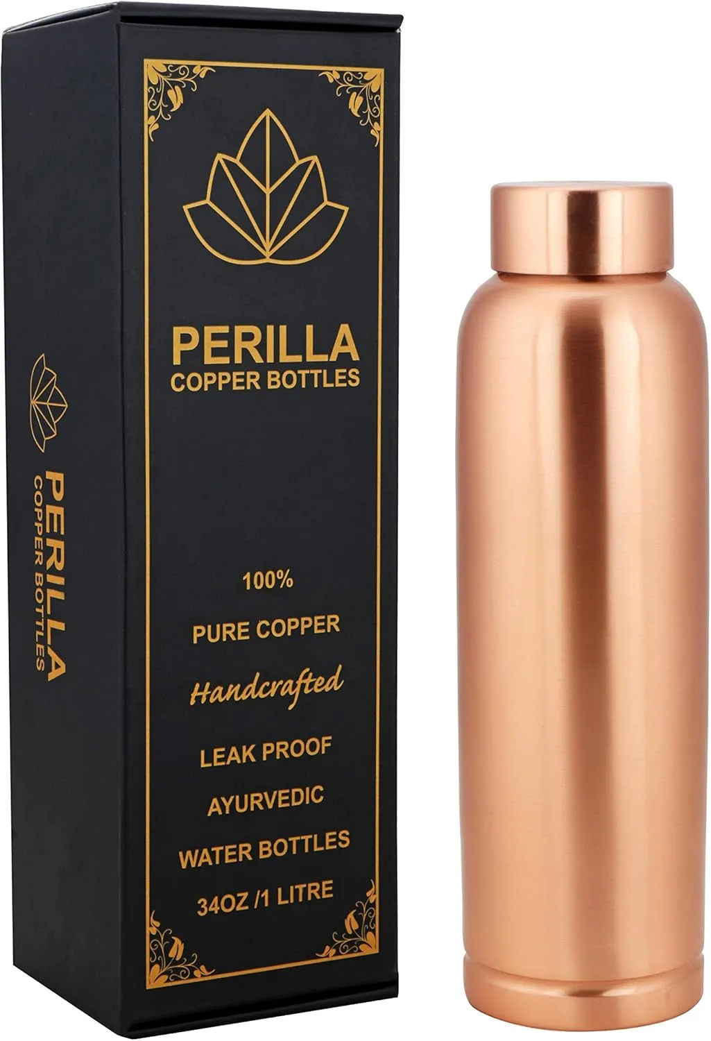 Perilla Home Pure Plain Copper Water Bottle 34 Oz Leak Proof 100% Pure - Ayurvedic Copper Vessel - Drink More Water And Enjoy The Health Benefits Immediately - For Gym, Yoga Bottle - (Cleo)