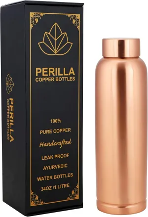 Perilla Home Pure Plain Copper Water Bottle 34 Oz Leak Proof 100% Pure - Ayurvedic Copper Vessel - Drink More Water And Enjoy The Health Benefits Immediately - For Gym, Yoga Bottle - (Cleo)