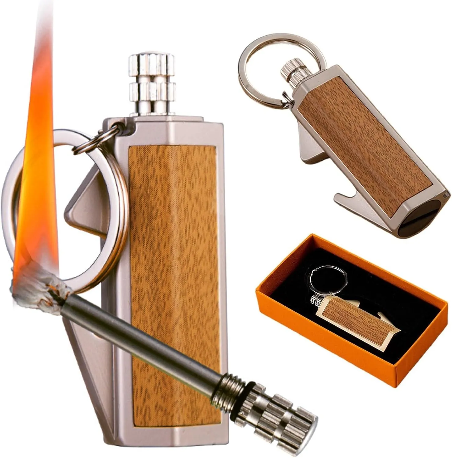 Permanent Match [Bottle Opener/Metal Keychain], Reusable Survival Fire Starter Lighter, Emergency Waterproof Striker Stick for Hiking, Hunting, Backpacking,Outdoor Survival(Silver)