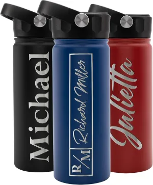 Personalized Water Bottle w Straw Lid Double Wall Insulated | 18 oz - 12 Font - Royal Blue | 9 Color Custom Water Bottle w Name and Text, BPA Free - Non Sweat - Vacuum Insulated