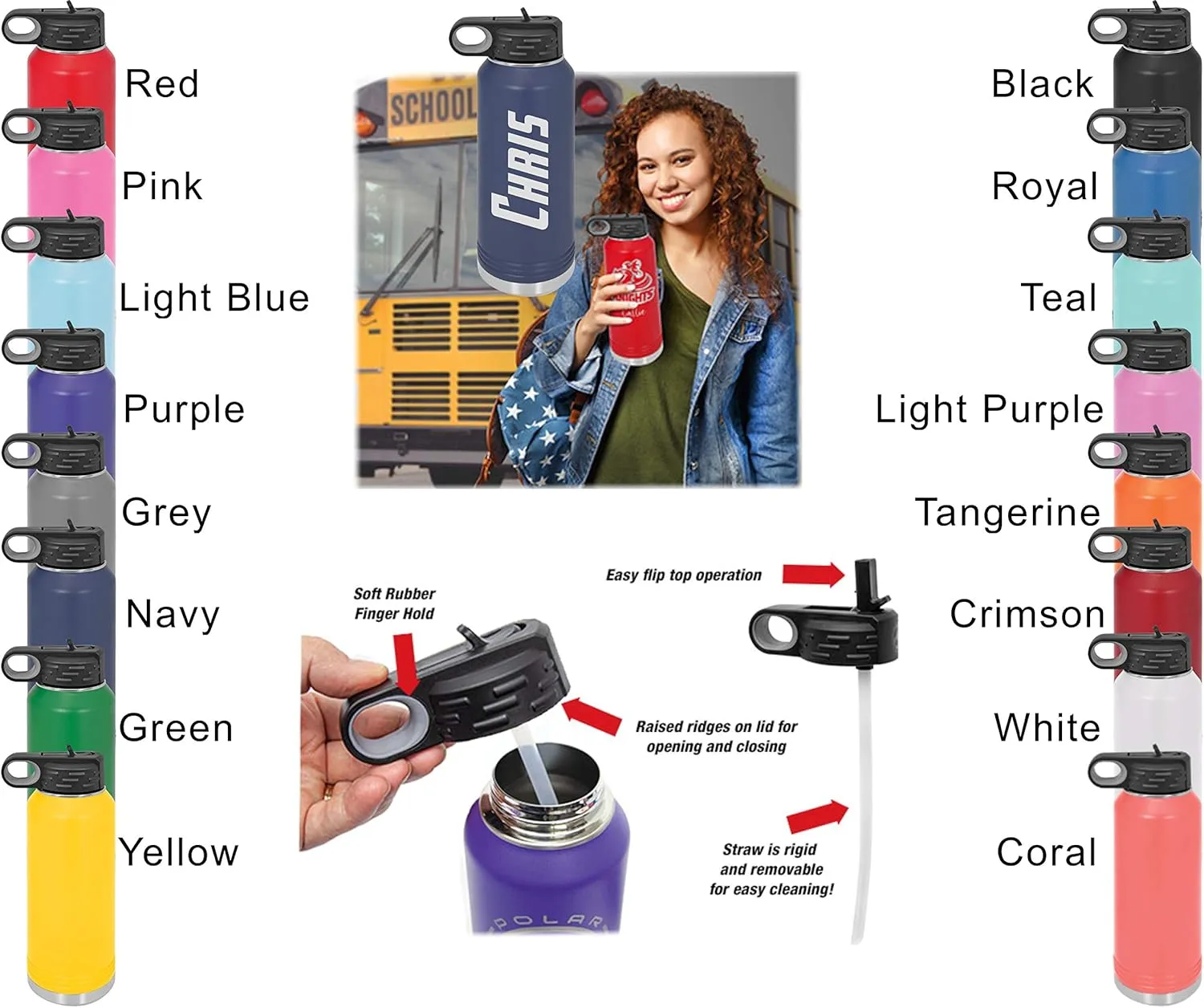 Personalized Water Bottle w/Straw & Lid, 32 oz - Light Purple | Custom Stainless Steel Sport Water Bottle, School Water Bottle w/Name and Text - Double-Wall, Vacuum Insulated Custom Water Bottle