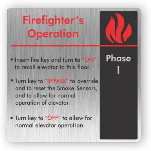 PHASE 1 Elevator Emergency Firefighter’s Operation Sign, White or Brushed Aluminum, 6x6” Made in the USA (Brushed Aluminum)