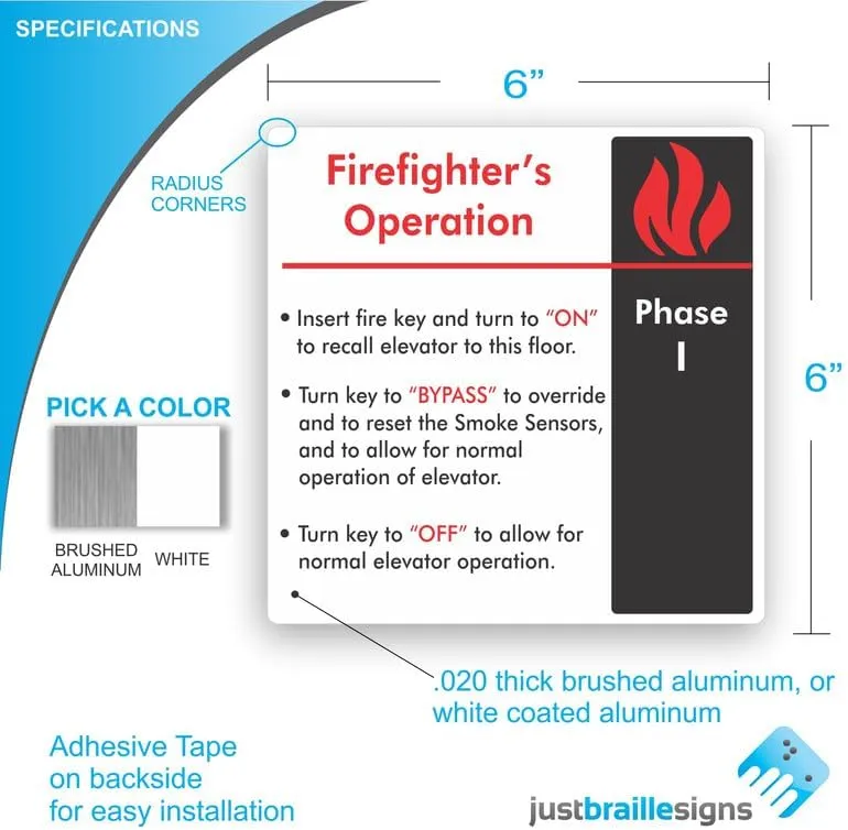 PHASE 1 Elevator Emergency Firefighter’s Operation Sign, White or Brushed Aluminum, 6x6” Made in the USA (Brushed Aluminum)