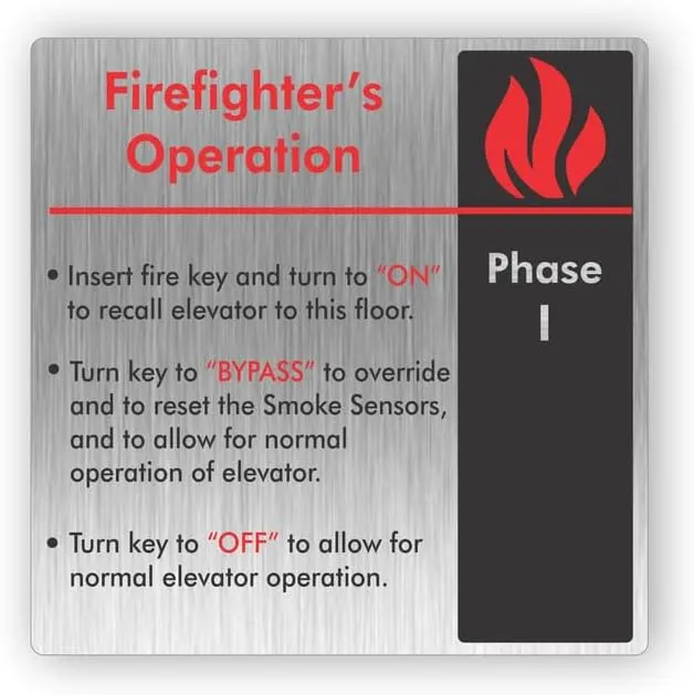 PHASE 1 Elevator Emergency Firefighter’s Operation Sign, White or Brushed Aluminum, 6x6” Made in the USA (Brushed Aluminum)