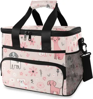 Pink Dogs Flowers Cooler Bag Insulated Cooler Soft Sided Cooler 24 Can Portable Picnic Bag Large Leakproof Lunch Bag Box for Beach Grocery Camping Travel Car Men Women