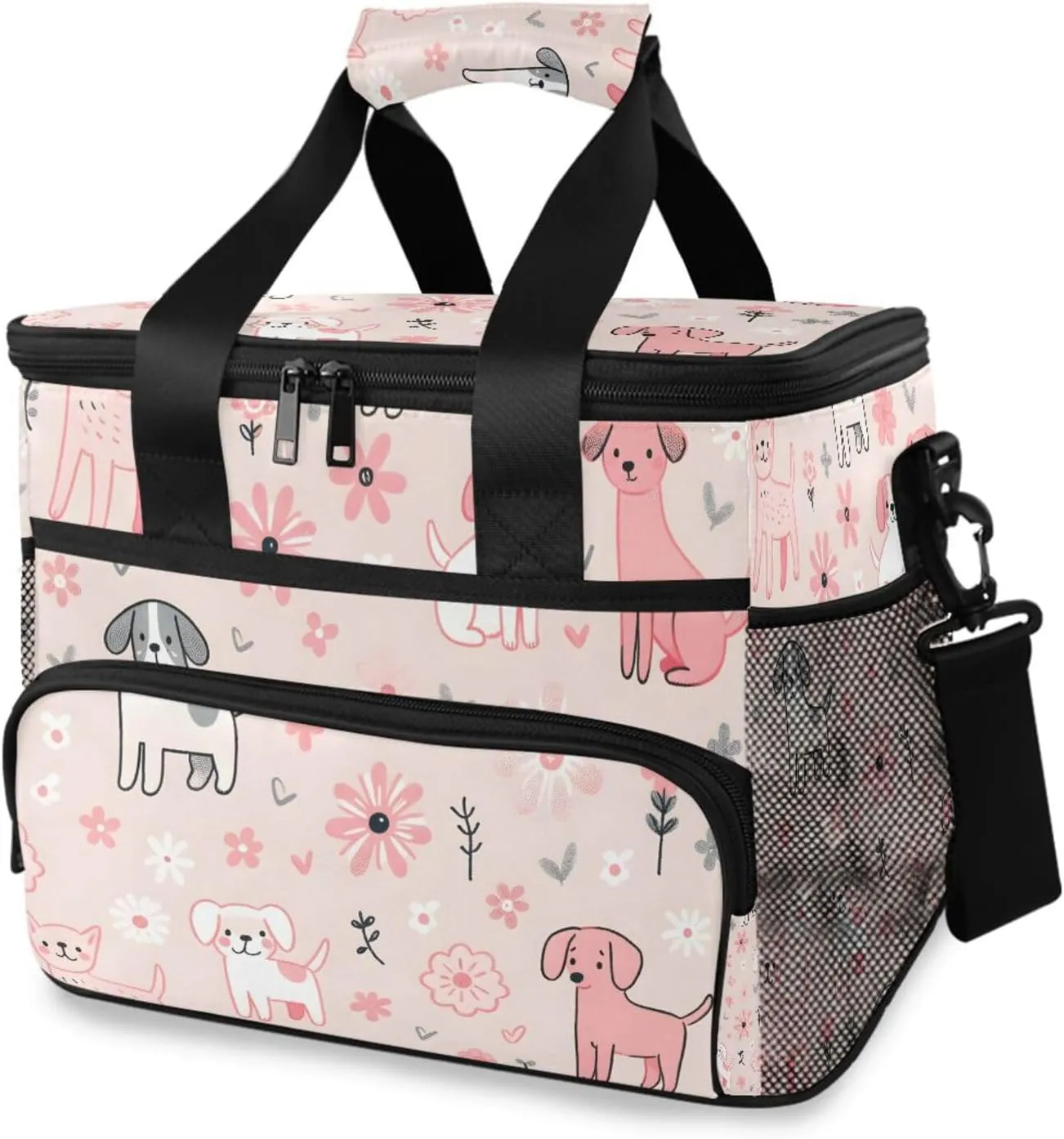 Pink Dogs Flowers Cooler Bag Insulated Cooler Soft Sided Cooler 24 Can Portable Picnic Bag Large Leakproof Lunch Bag Box for Beach Grocery Camping Travel Car Men Women