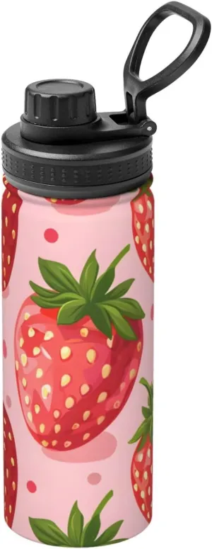 Pink Strawberry Pattern Sports Insulated Water Bottle 18oz Stainless Steel Metal Water Bottles with Handle and Spout Lid Reusable Leakproof Double Wall Water Flask for Men Women Travel Gym