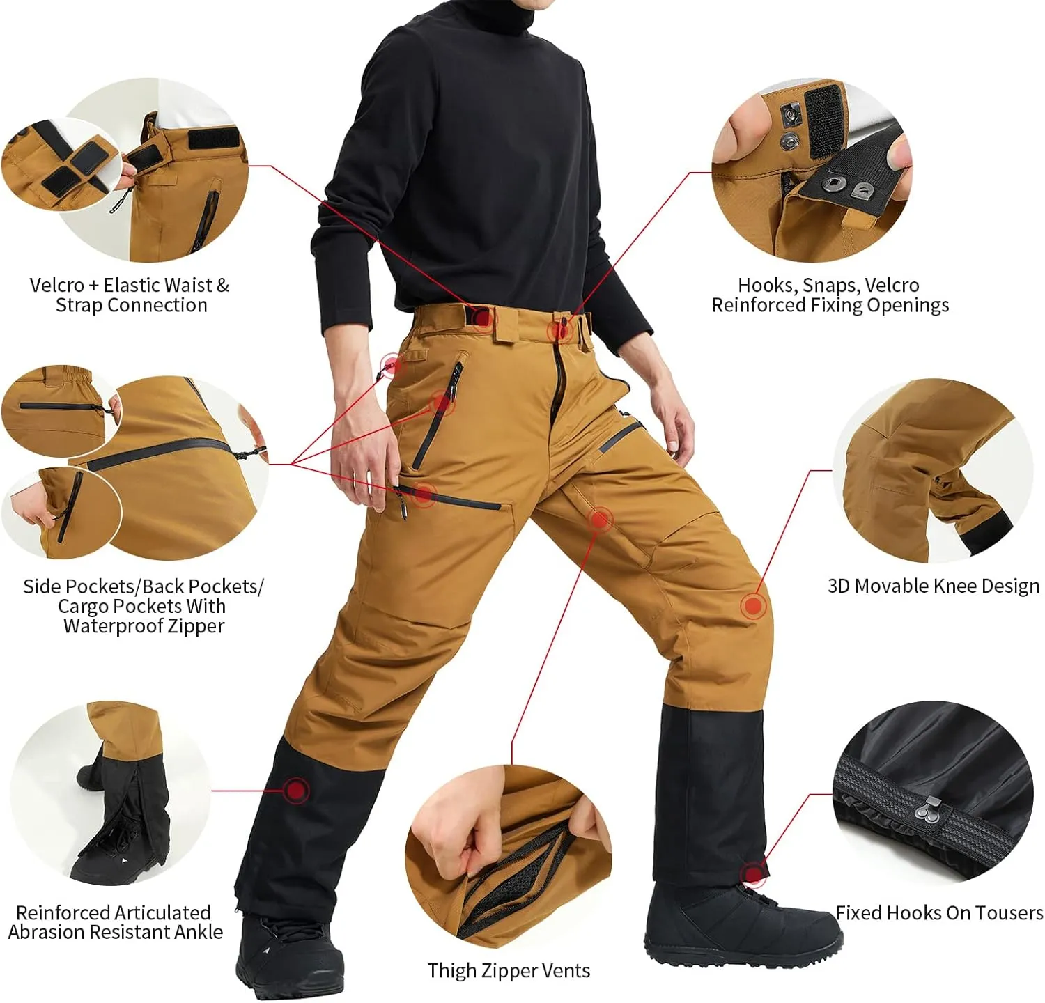 Pioneer Camp Mens Snow Ski Pants Waterproof Insulated Fleece Lined Snowboard Hiking Outdoor Zipper Bottom Leg With Suspenders