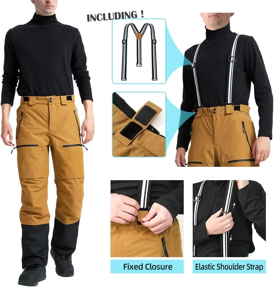 Pioneer Camp Mens Snow Ski Pants Waterproof Insulated Fleece Lined Snowboard Hiking Outdoor Zipper Bottom Leg With Suspenders