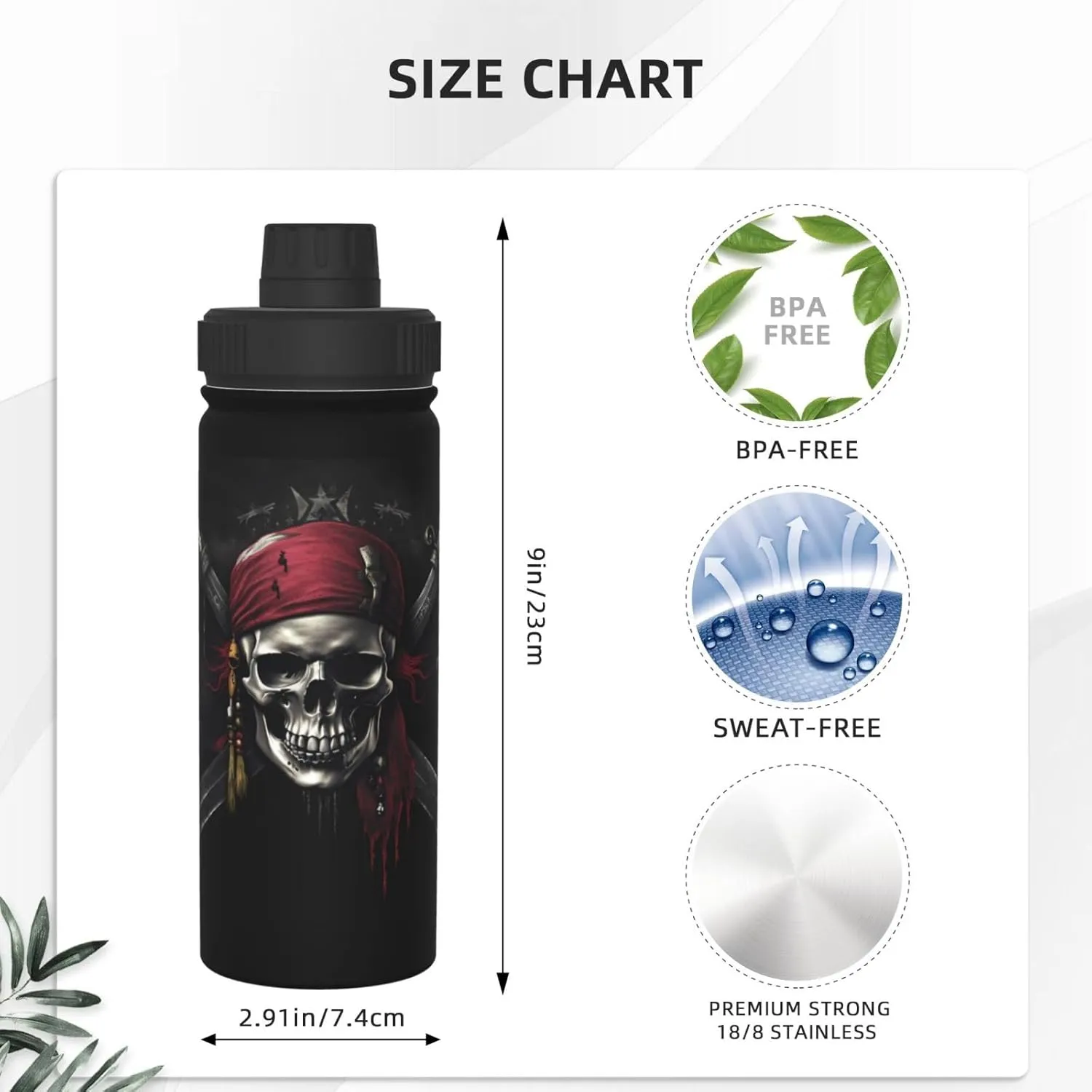 Pirates Flag 18 OZ Insulated Stainless Steel Bottles, Sports Water Tumbler with Lid Unisex Insulated Water Cup for Outdoor Sports Hiking Cycling
