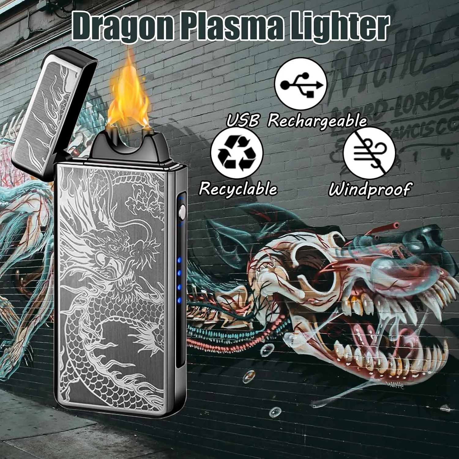 Plasma Lighter - USB Rechargeable, Electric Arc, Windproof Flame Lighter with LED Display for Candles, Incense Sticks, Outdoor Camping (Black Dragon)