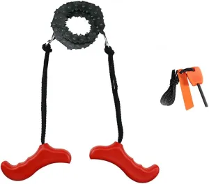Pocket Chainsaw Emergency Outdoor Survival Gear Folding Chain Hand Saw with Fire Starter for Camping, Hunting, Tree Cutting, Hiking, Backpacking (Plastic Red Handle)