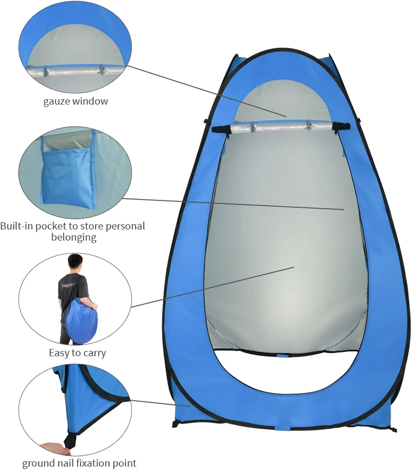 Pop Up Shower Tent - Privacy Shelter for Camping, Beach & Hiking, 6.2ft Portable Changing Room & Toilet Tent with Carry Bag, Water-Resistant & UV Protection for Outdoor Activities, Blue