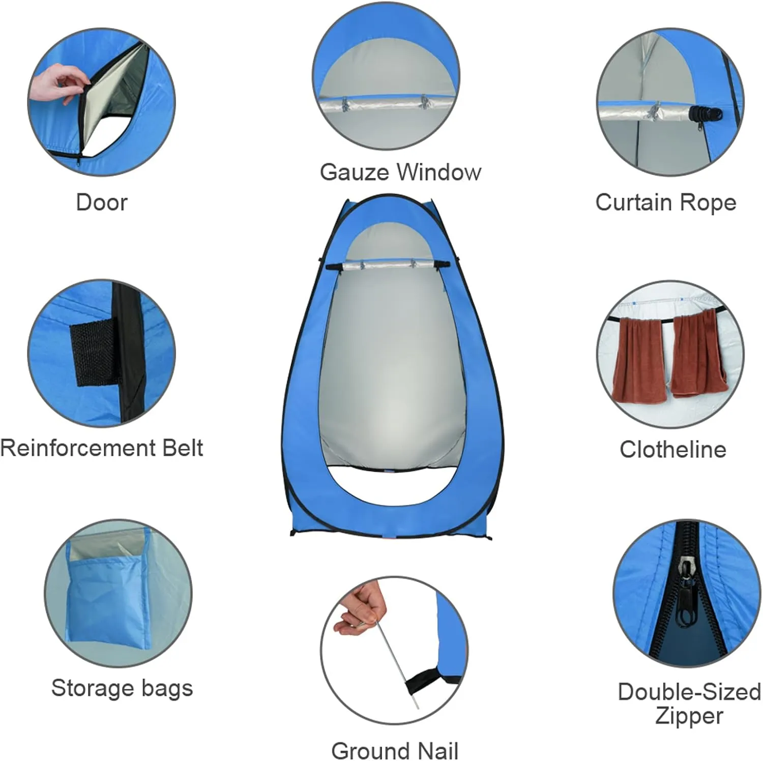 Pop Up Shower Tent - Privacy Shelter for Camping, Beach & Hiking, 6.2ft Portable Changing Room & Toilet Tent with Carry Bag, Water-Resistant & UV Protection for Outdoor Activities, Blue